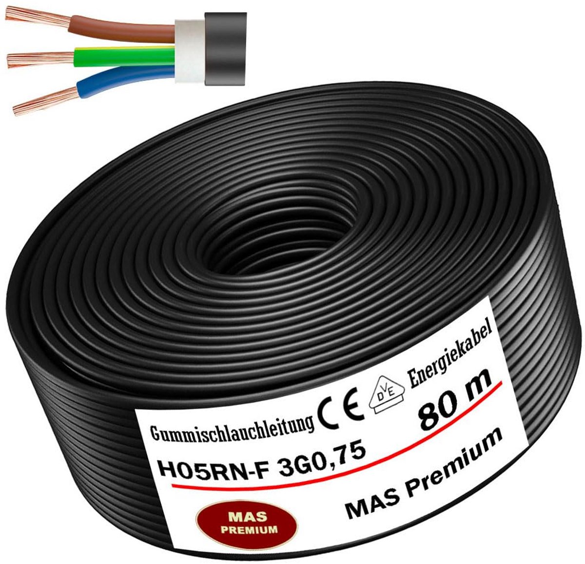 Flexibele Rubberen Stroomkabel H05RN-F 3G0,75 mm² - 80 Meter voor Zware Apparaten en Bouwplaats