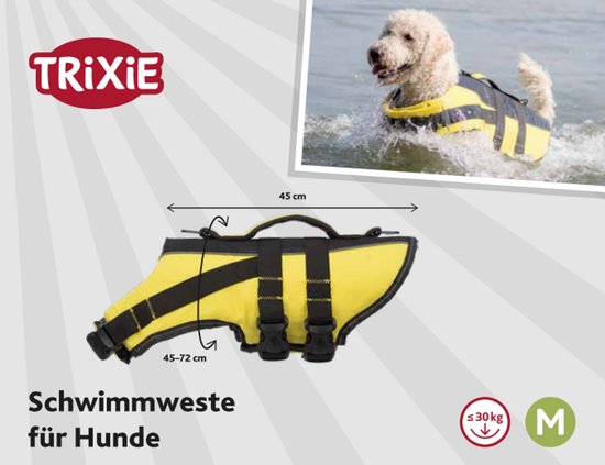 Trixie zwemvest voor honden in maat M, geel met zwarte strepen, met maten aangegeven. Hond draagt het vest in water.