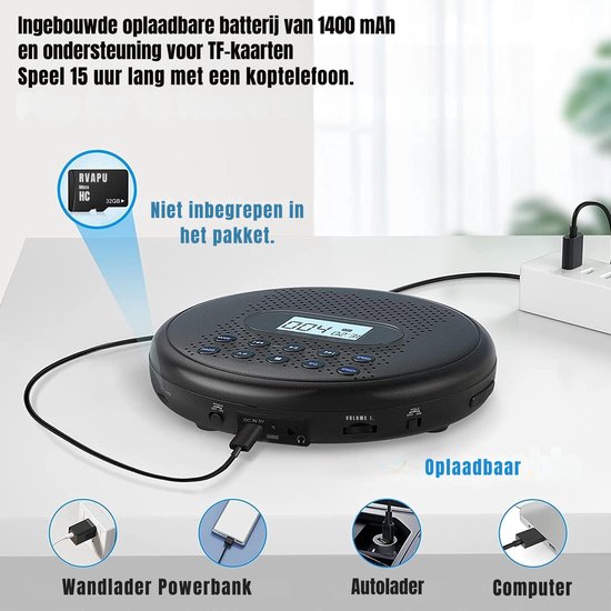 Discman - Oplaadbare cd-speler - Draagbare cd-speler met luidsprekers - Zwart - 14 cm x 14 cm x 3 cm — afbeelding 3
