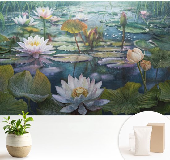 Wallfluent Behang - Vijverbloemen Muurbehang - 104x70 cm - Groente Behang - Voor natuur- en kunstliefhebbers - Behang Voor de slaapkamer, woonkamer en kantoor - Wanddecoratie Bloemen en planten