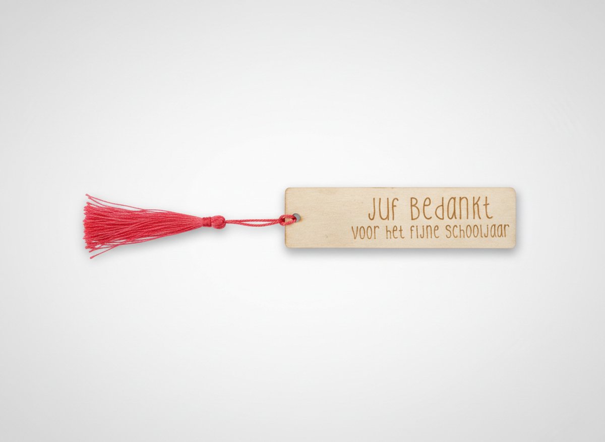 Hip met Pit Creaties Boekenlegger Juf - Houten met flos - 9x3 cm - "Bedankt voor het fijne schooljaar" - Cadeau juf