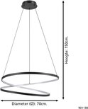 Diagram van een moderne zwarte hanglamp met 2 ringen, 70cm diameter en 150cm hoogte