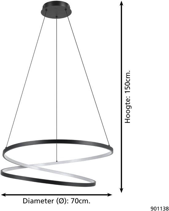 Diagram van een moderne zwarte hanglamp met 2 ringen, 70cm diameter en 150cm hoogte