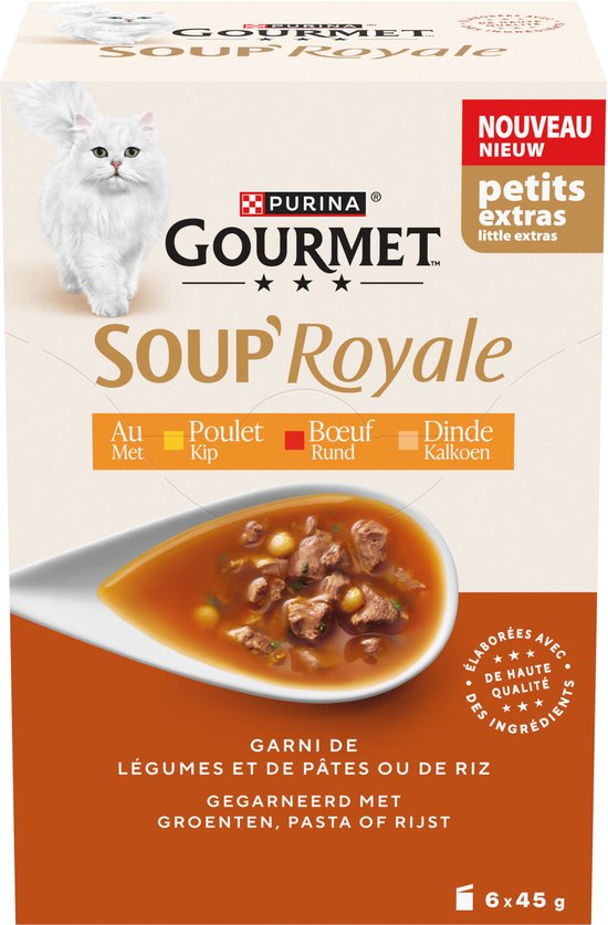 Gourmet Soup Royale met rund op een lepel. Witte kat en kattenvoer op de doos.