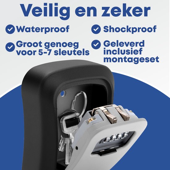 Zwarte en grijze sleutelkluis geopend met sleutels erin. De kluis is waterdicht, schokbestendig en geschikt voor 5-7 sleutels.