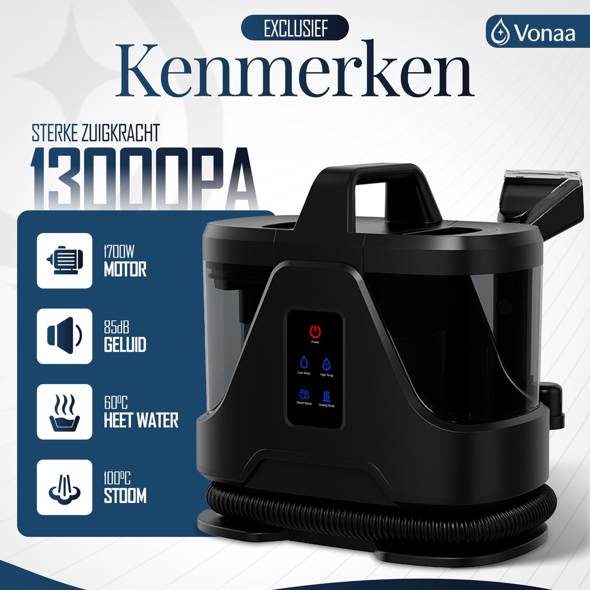 VONAA® Stoomreiniger PRO 6 in 1 - Met 100°C Stoom - Met 10M Kabel - Tapijtreiniger 1700W – Krachtige Nat- & Droog Tapijtreiniger – Voor Bank, Auto & Meubels — cadeau in Cadeau-ideeën - foto 5