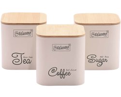 Maestro Voorraadpotten Set - 3-Delig - Voor Koffie, Thee en Suiker - 1.3L - Koolstofstaal met Bamboe Deksel - Zwart