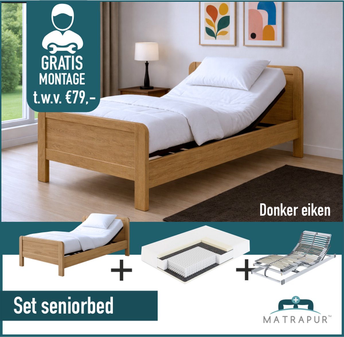 Compleet elektrische set ledikant seniorenbed 90x200 cm eiken kleur + 42-lats Elektrisch Verstelbaar + Master Nasa traagschuim | 7 zone Pocketveer matras 90x200 — afbeelding 1