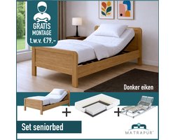 Compleet elektrische set ledikant seniorenbed 90x200 cm eiken kleur + 42-lats Elektrisch Verstelbaar + Master Nasa traagschuim | 7 zone Pocketveer matras 90x200