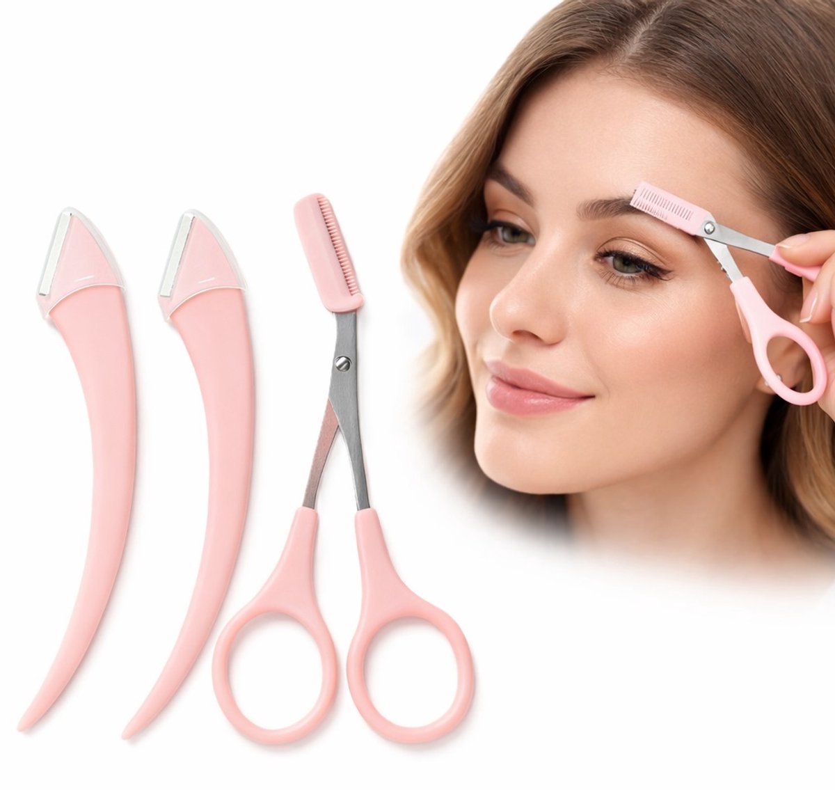 Wenkbrauwschaar met Kam & 2 Wenkbrauw Trimmers – Wenkbrauwschaartje Set Roze – Precisie Schaar en Trimmer – 3-Delige Set
