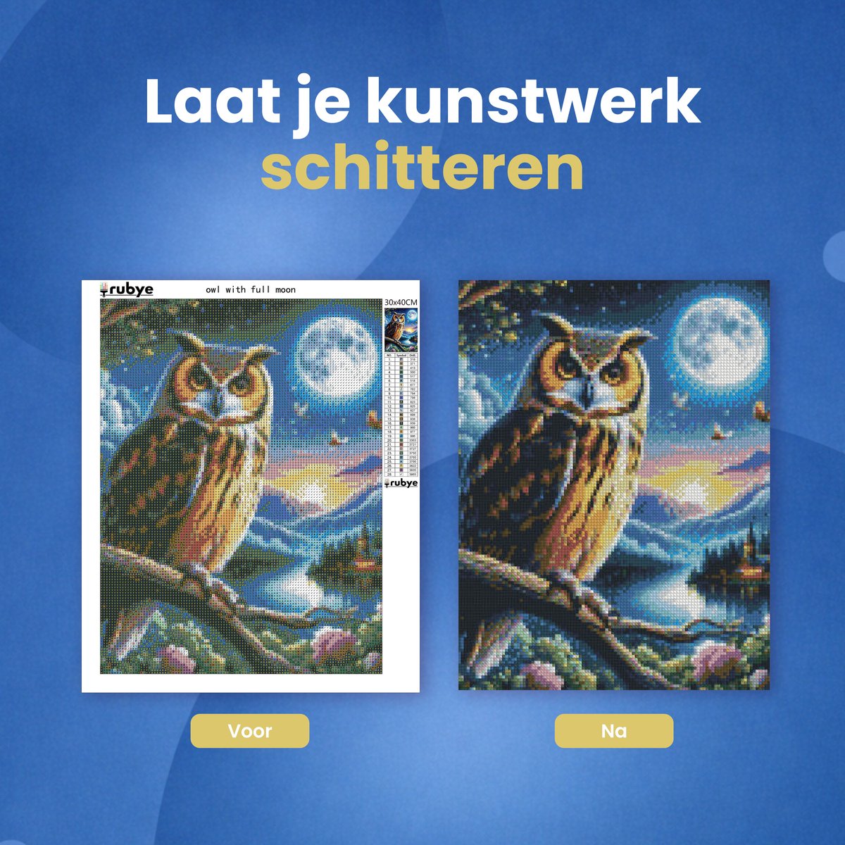 Rubye® Diamond Painting Volwassenen & Kinderen - Pakket Volledig - Nachtuil - 30x40cm — afbeelding 4