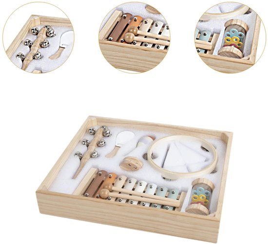 Houten muziekinstrumenten set in een houten kist, met inzetstukken.