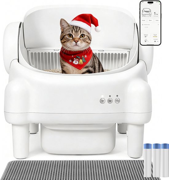 Automatische Zelfreinigende Kattenbak XXL 76L Wit met App, Veiligheidssensoren, 11L Geurafvalbak, Elektrisch