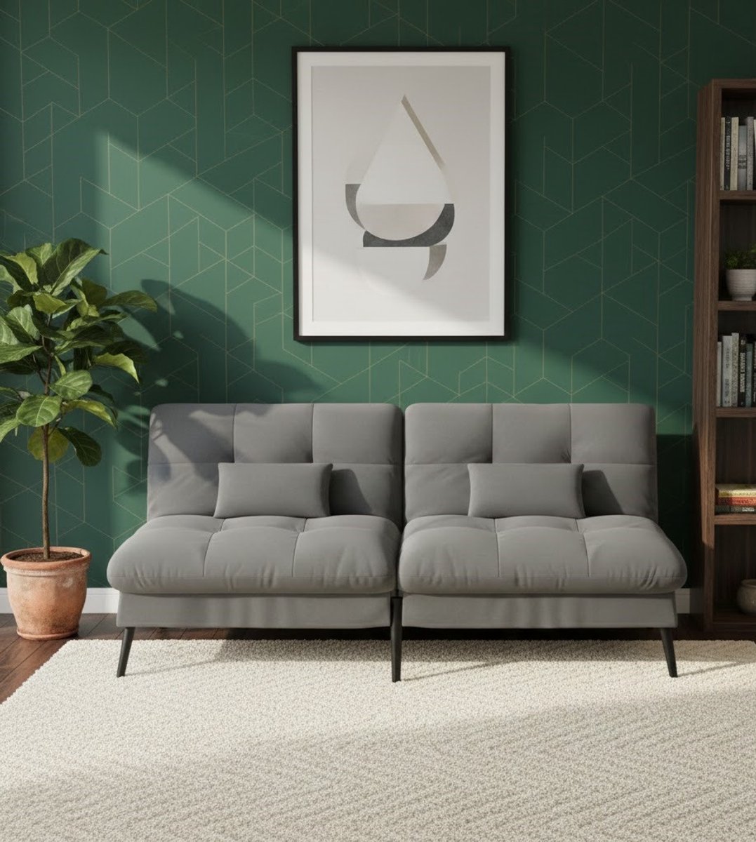 Elegance 3-Zits Slaapbank met Slaapfunctie – Futon Klapbank voor Woonkamer en Studio – Verstelbare Rugleuning in 5 Posities – Comfortabele Grijze Bank van Teddy Velvet – Ruimtebesparend en Duurzaam House&Garden