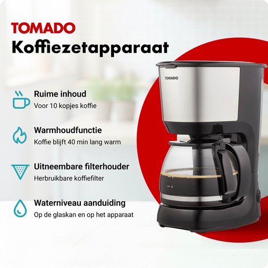 Machine à café Tomado, noire avec inox, avec verseuse en verre, pour 10 tasses et fonction maintien au chaud 40 min.