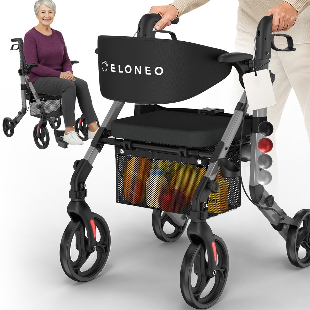 ELONEO 2-in-1 rolstoel en rollator – opvouwbaar, lichtgewicht met zitje, outdoor rollator voor alle terreinen, aluminium loophulp voor senioren met netzak, transportrolstoel, grijs