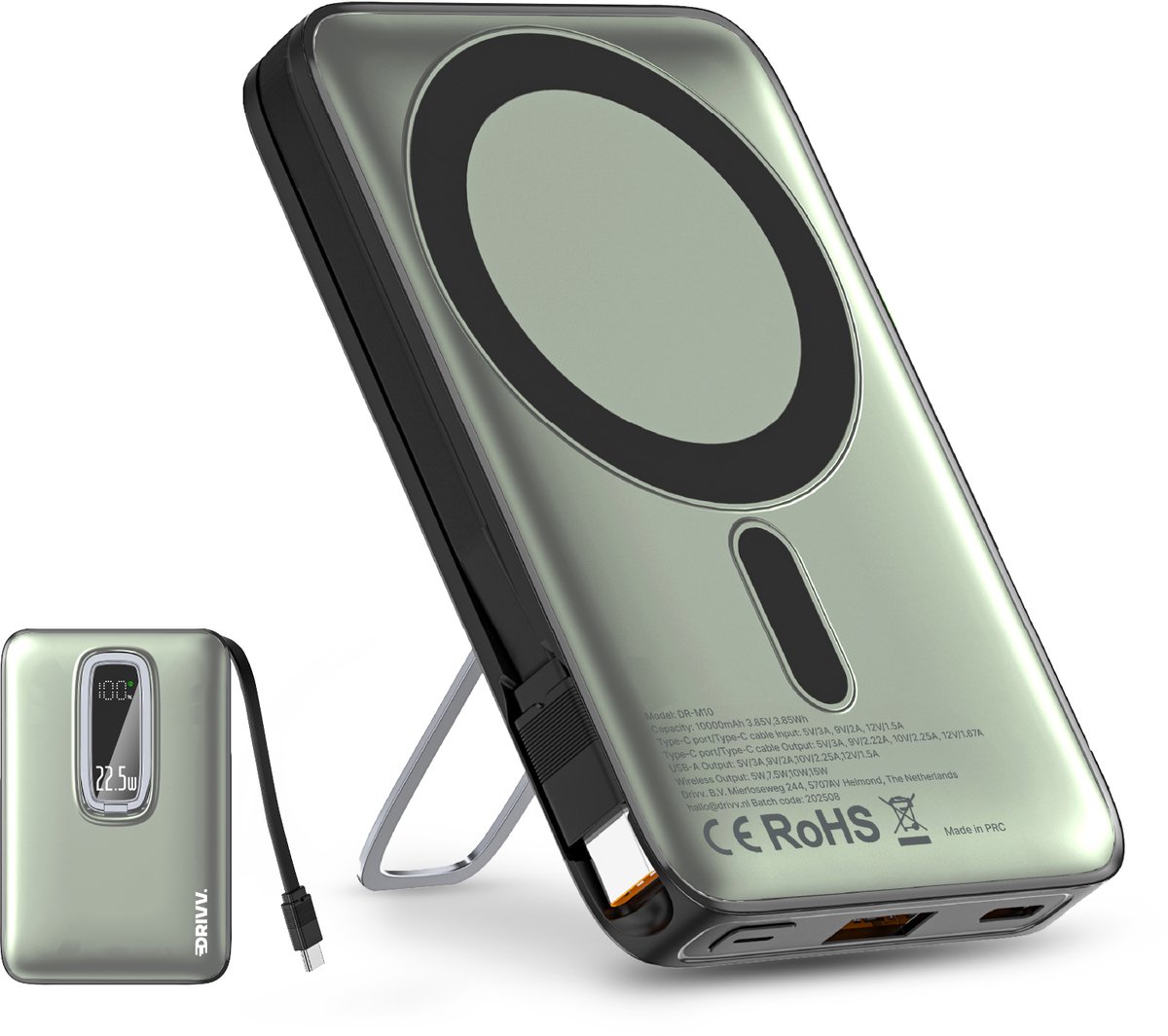 Powerbank 10.000 mAh geschikt voor MagSafe met USB C Kabel - 3 in 1 Ontwerp - 22.5W Draadloze Powerbank - Inclusief 60W Oplaadkabel - Snellaadfunctie - USB & USB C - Zwart -