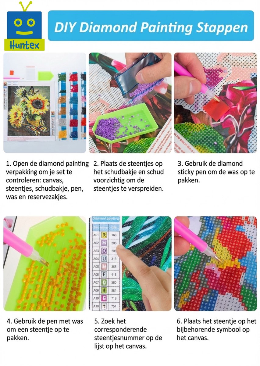 Huntex Diamond Painting Volwassenen - Diamond Painting Kinderen - Diamond Painting Pakket Volledig - Zonnebloemen met Vlinders - 30x40 cm — afbeelding 7
