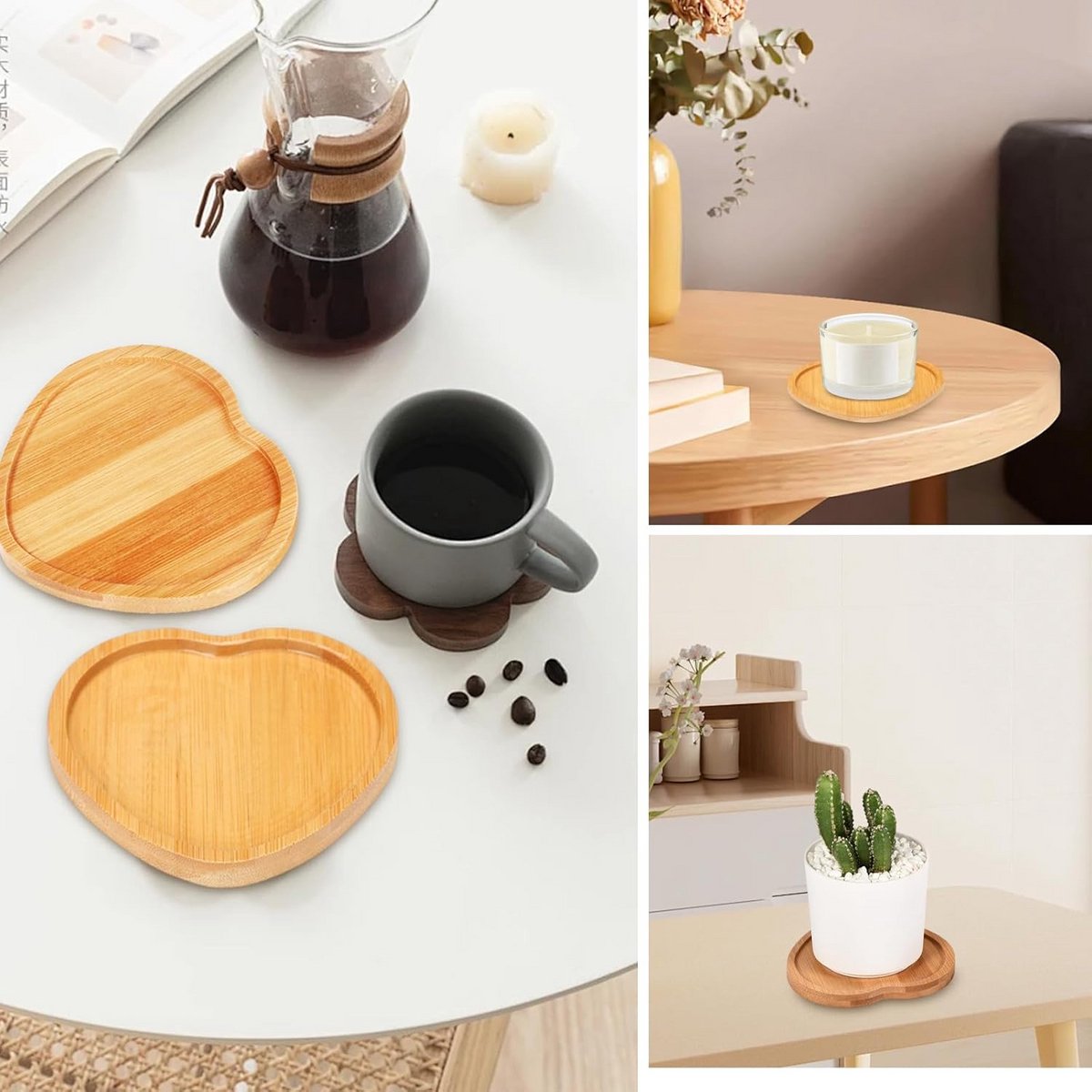 Set van 6 Houten Kaarsenborden en Onderzetters (10,5 cm)