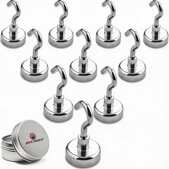 Tien zilverkleurige magneethaken met schroefdraad, naast een zilverkleurig blikje met het 'Brute Strength' logo.