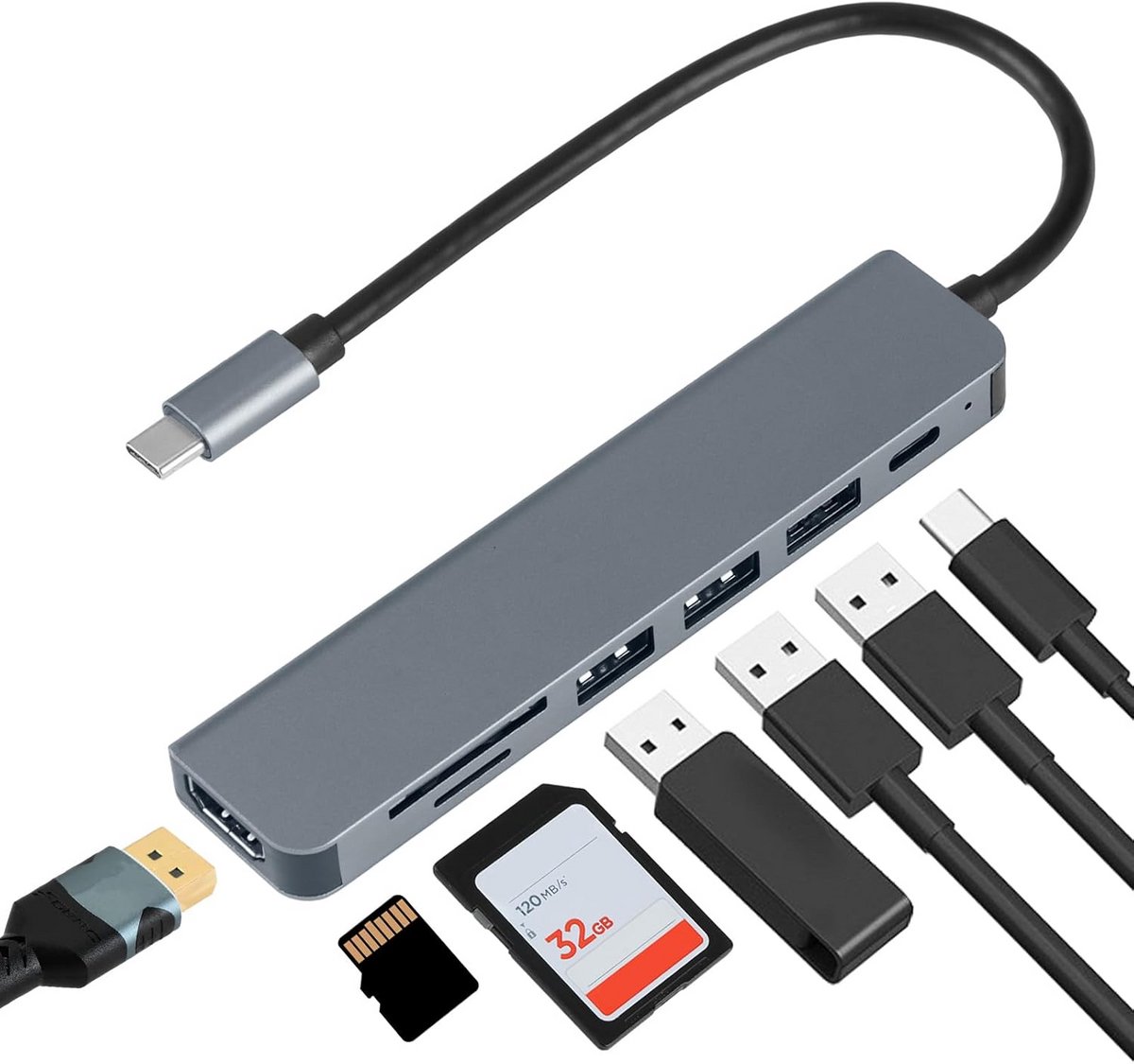 Type-C Adapter 7 in 1 met HDMI, USB 3.0 en Kaartlezer
