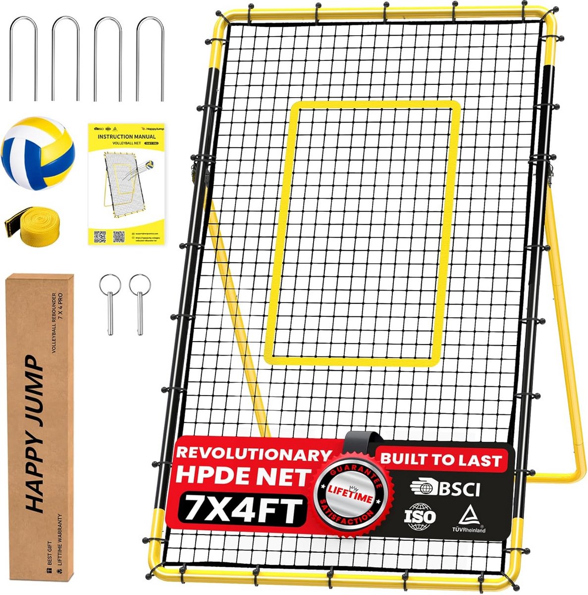 Volleybal Rebounder Net - Volleybal Trainer - Volleybal Trainen - 5 Instelbare Hoeken - 7x4 FT - Geel