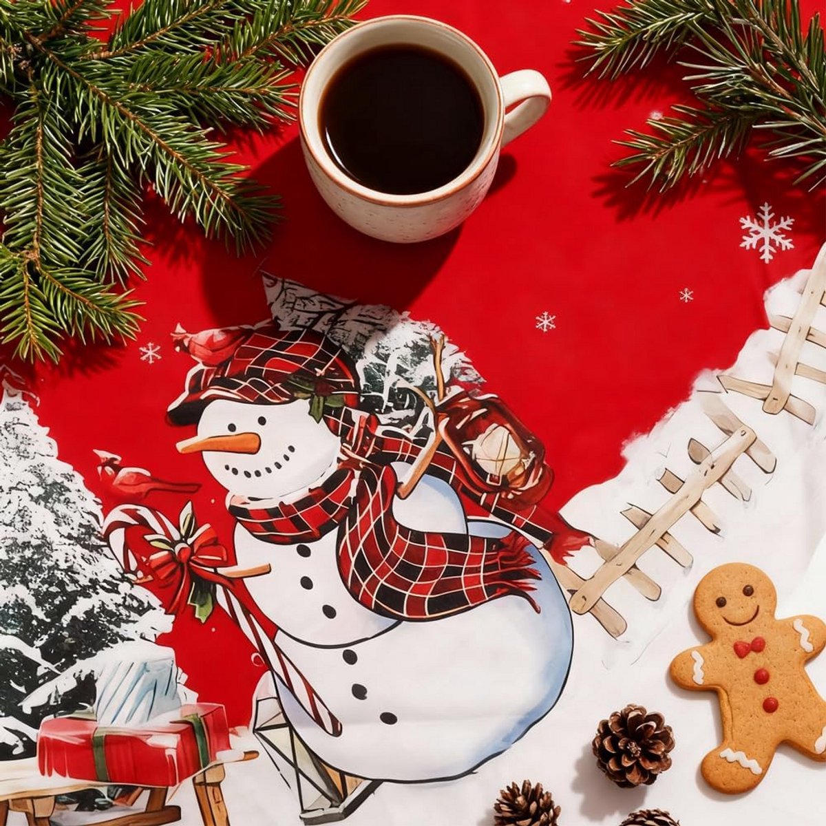 Rond Kersttafelkleed met Sneeuwpop Opdruk - Vlekbestendig Polyester Tafellinnen