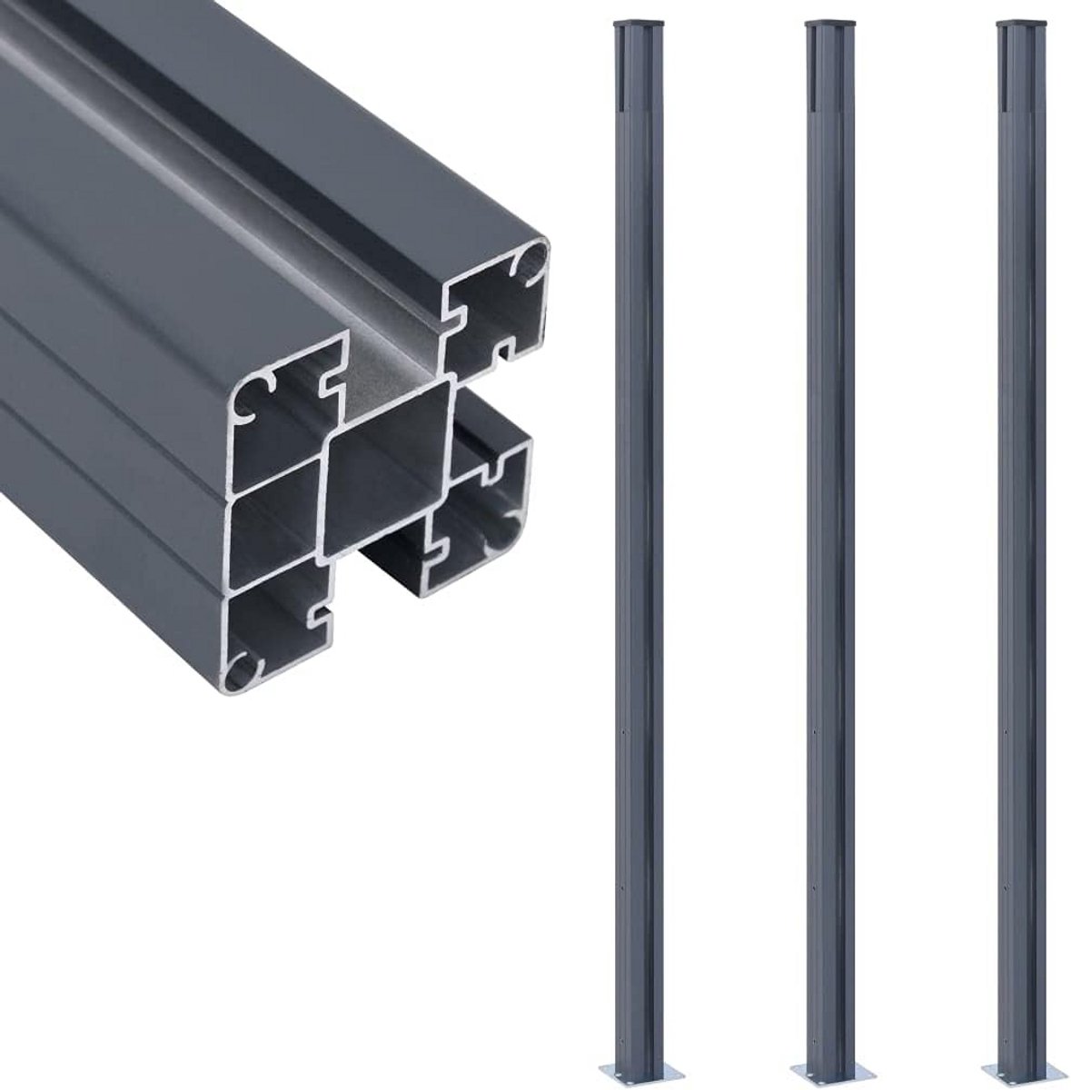 3x Schuttingpaal Hekpaal Steunpaal 185 cm Aluminium Donkergrijs Weerbestendig