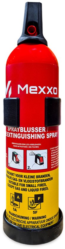 Red sprayblusser met geel label, staande op een witte achtergrond.
