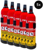 Vijf rode Mexxo sprayblussers met zwarte spuitmond en gele onderkant, gegroepeerd.