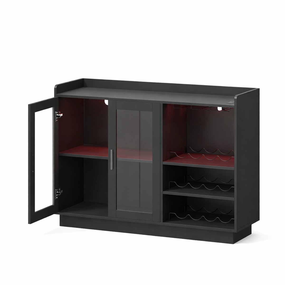 DoneMore® - Barkast met RGB LED - Wijnkast met flessenrek 12 flessen - Glazen deuren en verstelbare plank - Zwart 120x38x88 cm