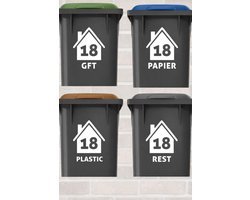 Container Stickers - Voordeelset 4 stuks - 15x20 cm - Sticker voor Afvalcontainer - Klikosticker - Huisje met Huisnummer en Tekst: Plastic, Papier, GFT en Restafval