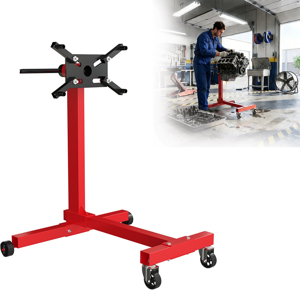 Aufun Draaibare Motorsteun - Rood - Draagvermogen 450 kg - Gecoat Stalen Frame - 360° Draaibaar - Motorsteun Op Wielen - Geschikt Voor Werkplaatsen En Garages.