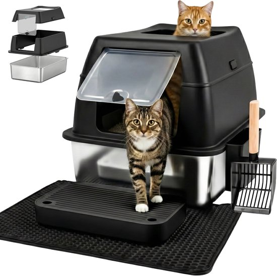 Kattenbak RVS met Deksel XXL – Gemakkelijk schoon te maken – Geurvrij, Lekvrij en Vlekvrij – 38L Inhoud – Gesloten Roestvrijstalen Kattentoilet– Grote Kattenbak met Schep & Gritopvangmat – 60×40×32cm