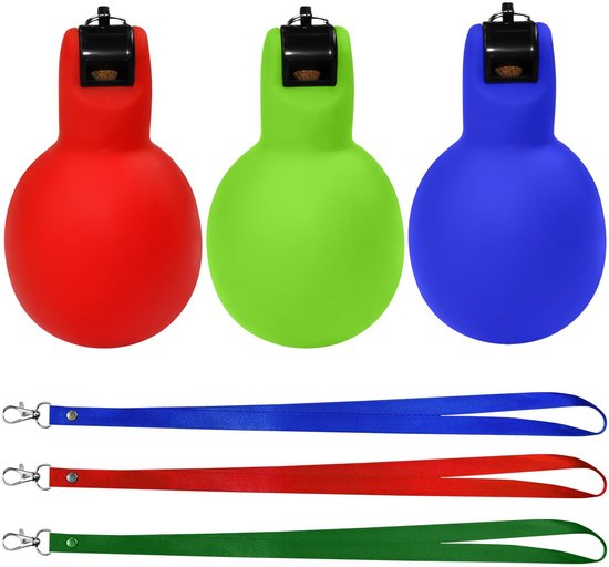 Sifflet à presser rouge, vert et bleu avec trois cordons assortis en dessous.