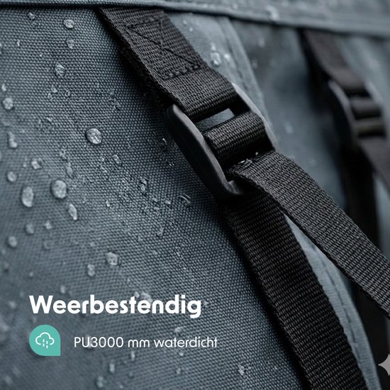 Detail van grijze stof met waterdruppels en zwarte gespen, PU3000 mm waterdicht.