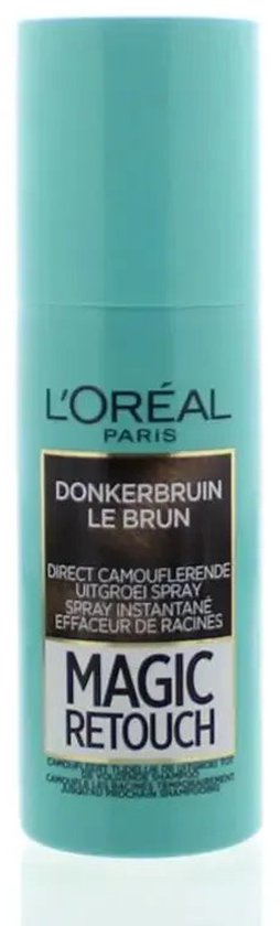 L'Oréal Paris Magic Retouch Donkerbruin uitgroeispray met turkooizen dop.