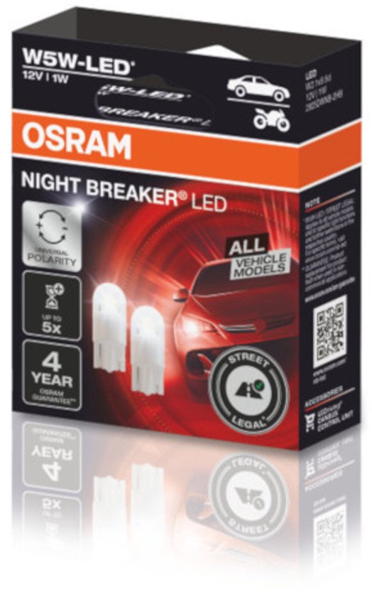 OSRAM Night Breaker LED verpakking voor W5W LED-lampen, met een afbeelding van auto's.