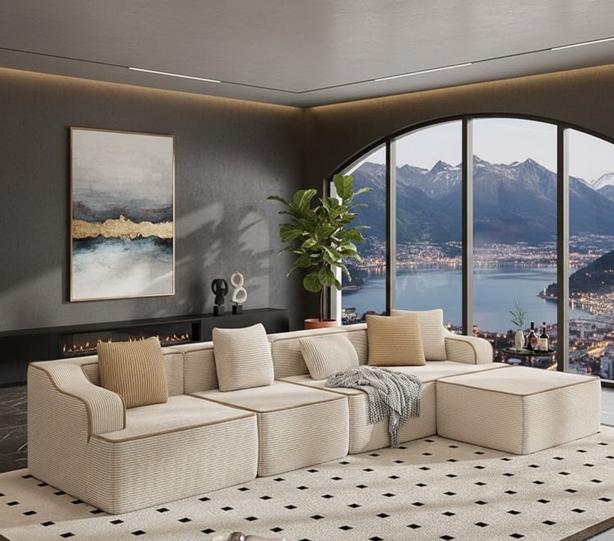 Luxe L-vormige Modulaire Bank met Slaapfunctie – 5-zits Boneless Cloud Sofa – Zachte Corduroy Stof – Modern Comfortabel Design – Beige – House&Garden