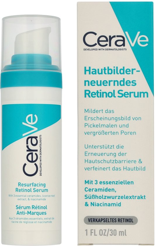 CeraVe Resurfacing Retinol Serum pompflacon en verpakking. Wit met blauwe en turquoise teksten.