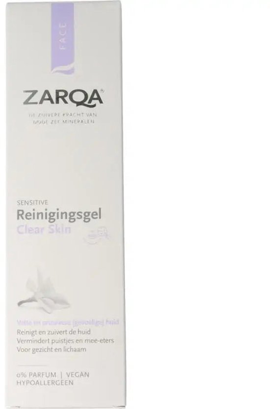 ZARQA Reinigingsgel Clear Skin. Verpakking met tekst "Voorheen Young Pure Skin Cleansing Wash". 0% Parfum, Hypoallergeen.