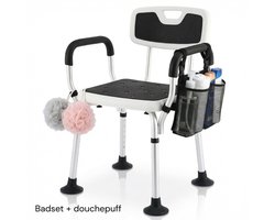 BY JRM® Douchestoel - Douchekruk - Incl. badset, douche puff en douchekophouder - Met Armleuning - Hoogte Verstelbaar - Antislip - Zwart