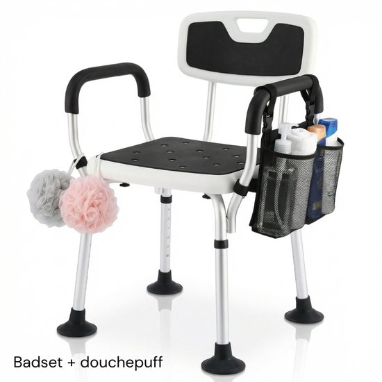 BY JRM® Douchestoel - Douchekruk - Incl. badset, douche puff en douchekophouder - Met Armleuning - Hoogte Verstelbaar - Antislip - Zwart