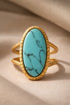 Lundholm luxe Ring Dames Goud Kleurig met Natuur Steen Blauw - Verstelbare Ring One Size - Verstelbare Cuff Ring met Grote Blauwe Natuursteen – Gold Plated PVD Sienna Serie
