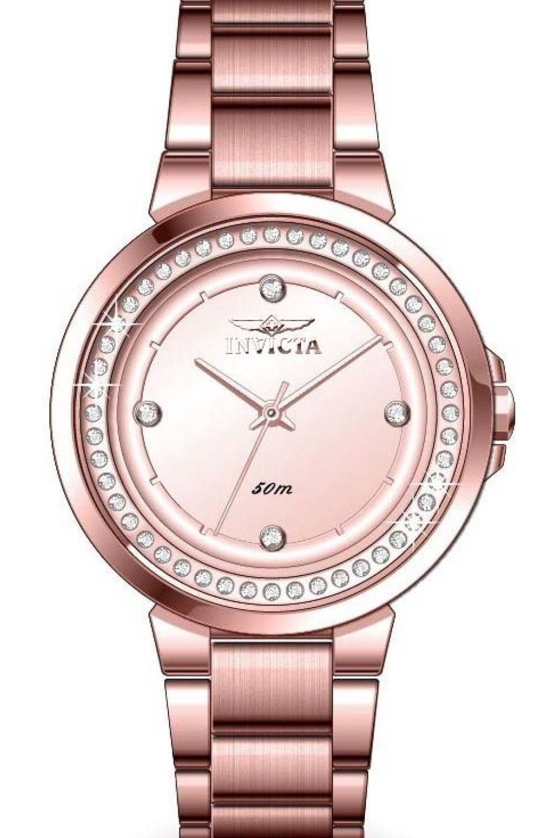 Invicta Angel 50167 Dames Horloge - Waterdicht - Analoog - Quartz Uurwerk - Roestvrij Staal met rosegouden Wijzerplaat - 33mm