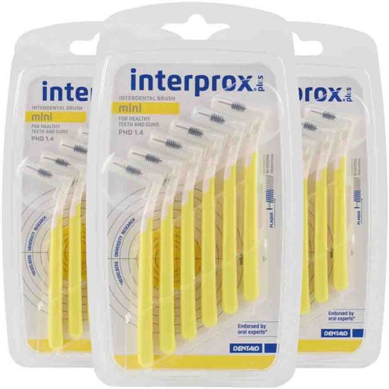 Verpakking met 3 stuks Interprox Plus mini gele interdentale borstels, 1.4 mm, voor gezonde tanden en tandvlees.