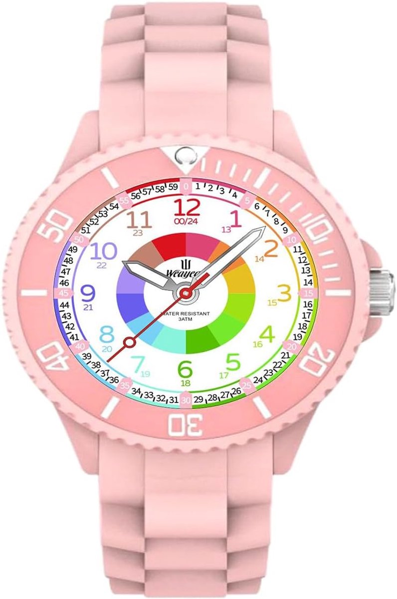 Kinderhorloge Leren - Analoge Polshorloge - Klok Kijken - Draaibare Bezel - 35mm Kast - Lichtroze