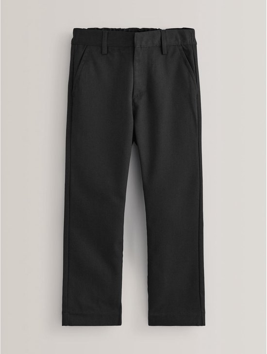 Rechte zwarte broek met elastische tailleband en steekzakken.