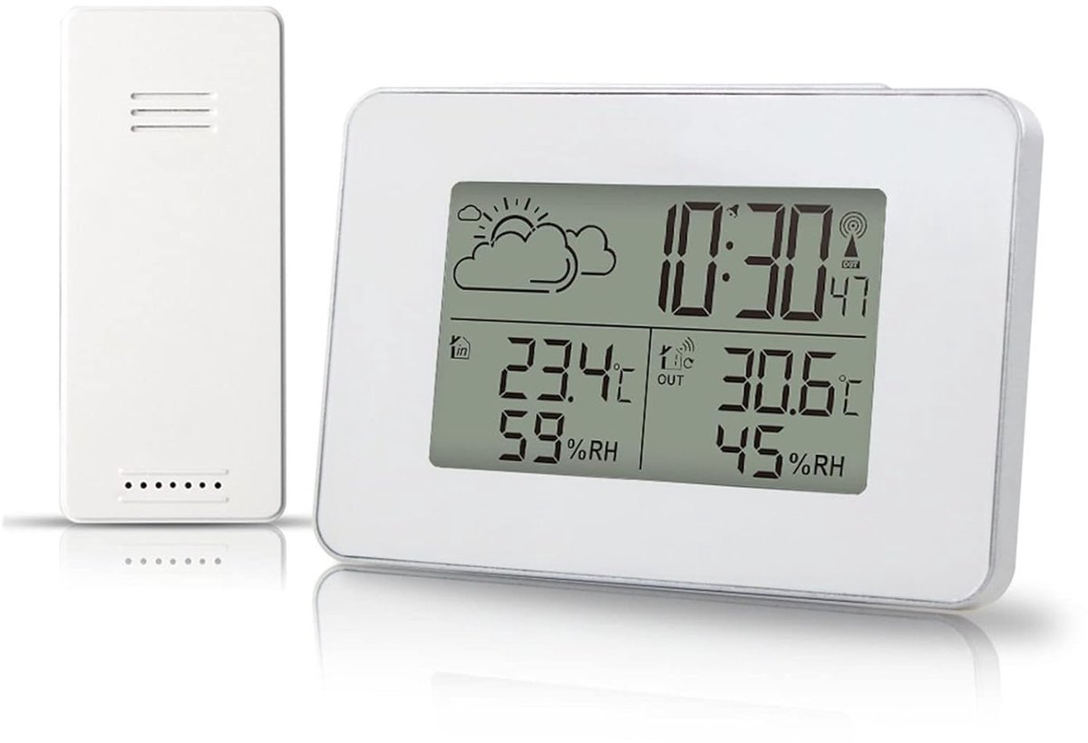 Weerstation Binnen Buiten - Weerklok Digitale Monitor - Thuis Gebruik - Draadloze Temperatuur Luchtvochtigheid - Wind Snelheid Indicatie - Wit