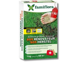 Famiflora graszaad 1kg tot 50m² - SOS herstelgazon - snel herstel kale plekken - Herstelt snel kale plekken voor een egaal gazon - Zaait zonder omspitten dus makkelijk en snel